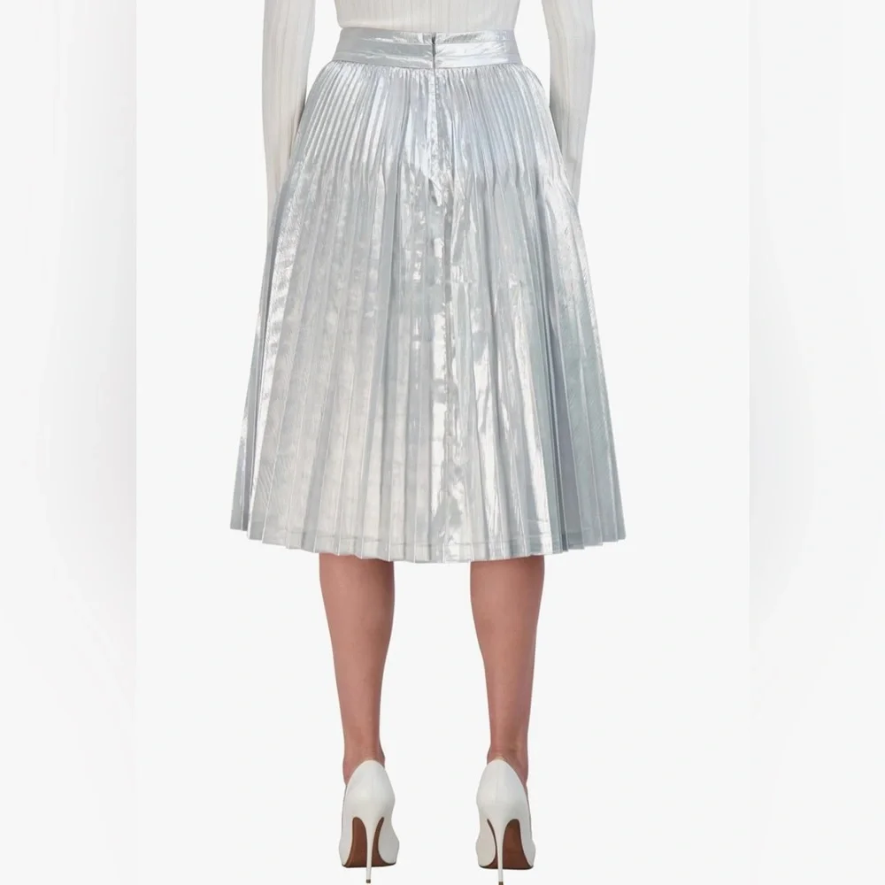 BCBGMAXAZRIA Silver Metallic Lame Pleated a Line Midi Skirt NWT